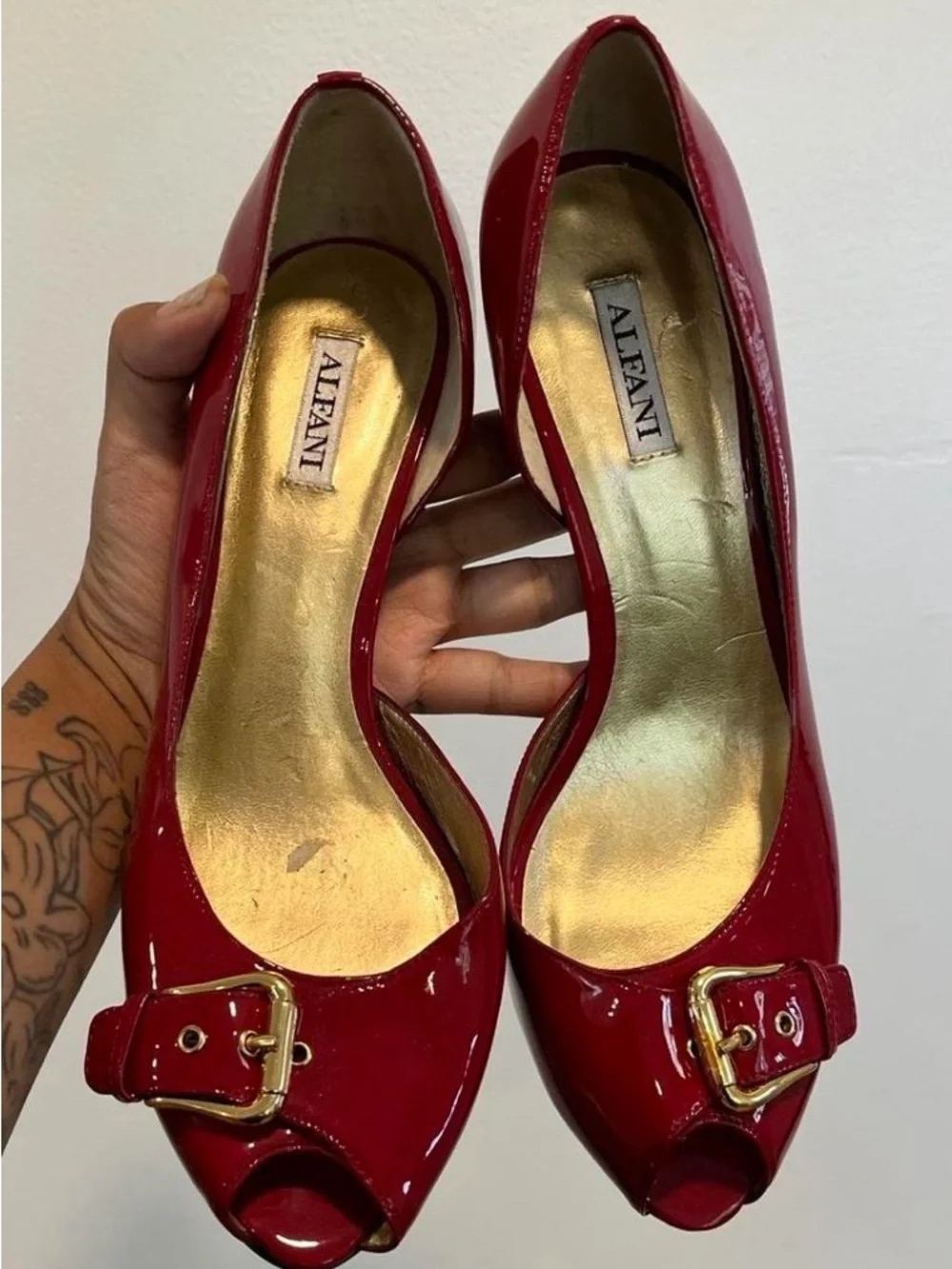 Alfani Red Patent Peep Toe Heels with Gold Buckle Detail